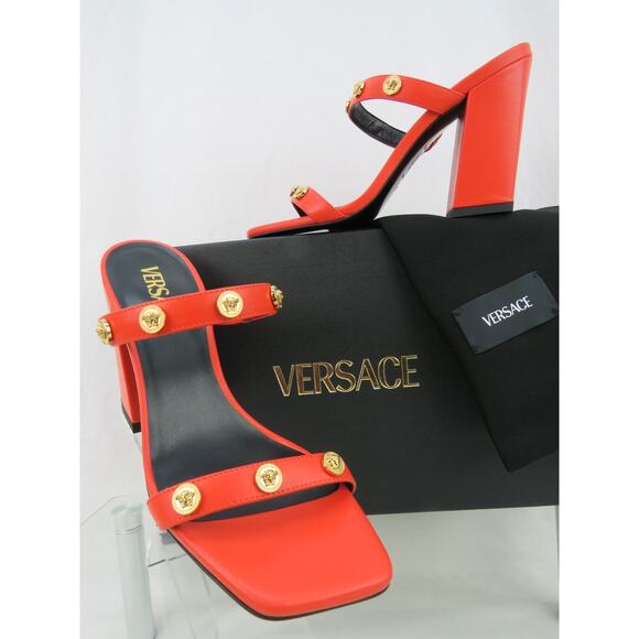 VERSACE CORAL ORANGE LEATHER GOLD MEDUSA LOGO STUDS SANDALS MULE PUMPS 36.5 6.5 - Picture 1 of 12